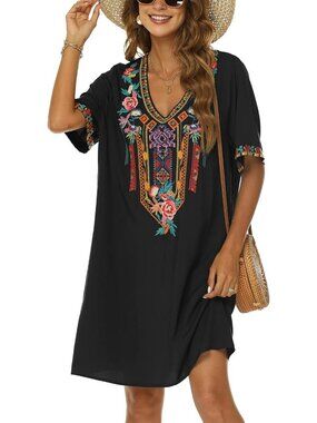 Embroidered Mexican Peasant Dress, Plus Size Boho Tunic, Floral Fiesta Style